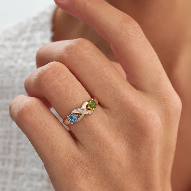 Bague Infini 2 Prénoms avec Pierres de Naissance Or Femme