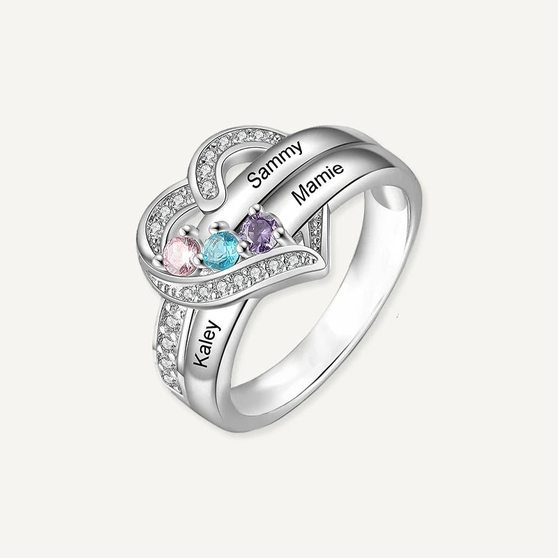 Bague Personnalisée Cœur 3 Prénoms avec Pierres de Naissances