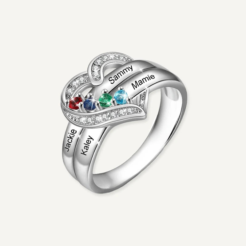 Bague Personnalisée Cœur 4 Prénoms avec Pierres de Naissances