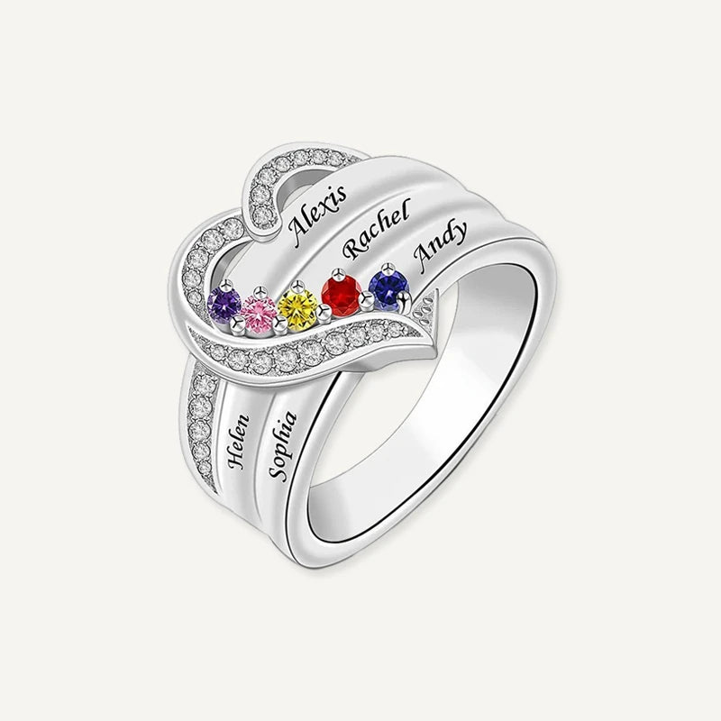 Bague Personnalisée Cœur 5 Prénoms avec Pierres de Naissances