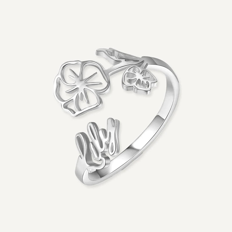 Bague Prénom avec Fleur de Naissance Argent