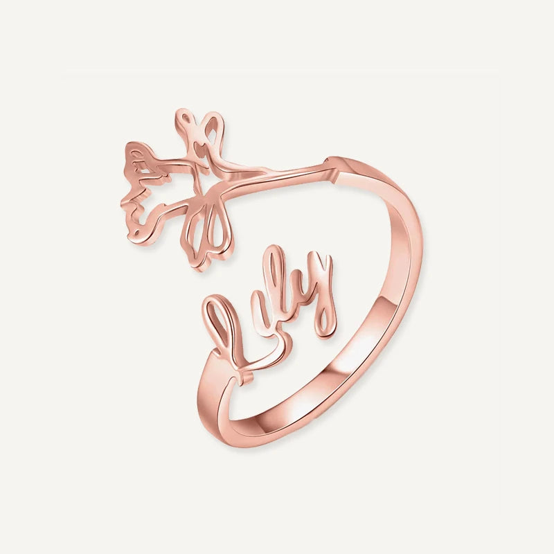 Bague Prénom avec Fleur de Naissance Or Rose