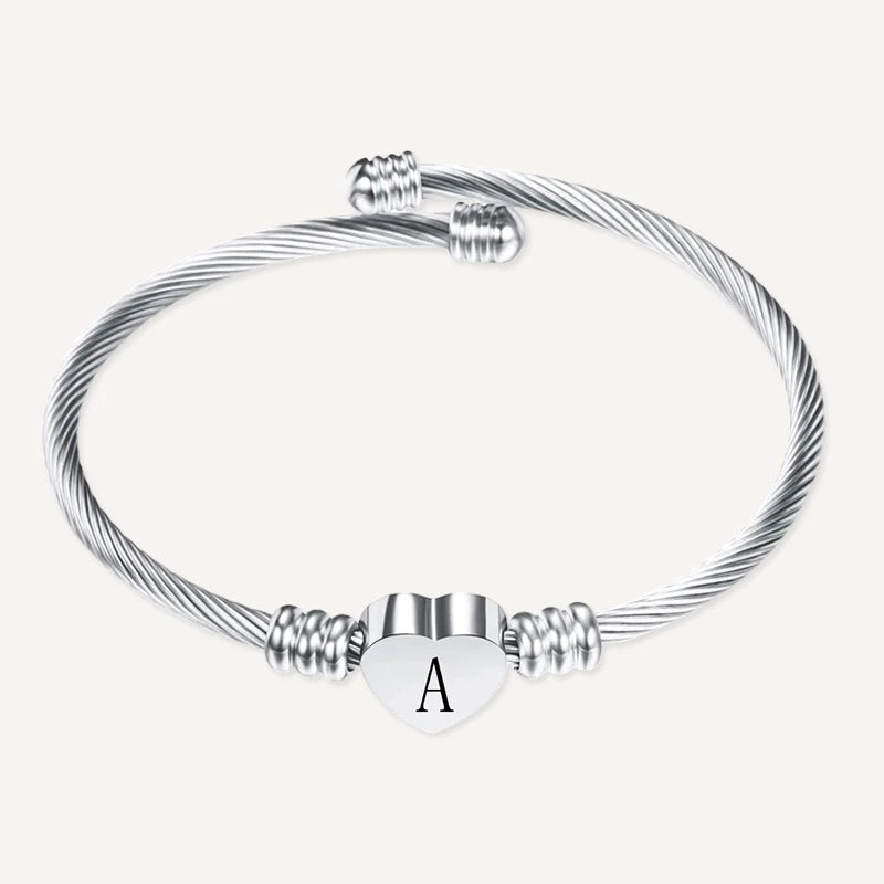 Bracelet Câble Cœur Initiale Gravée Argent Lettre A