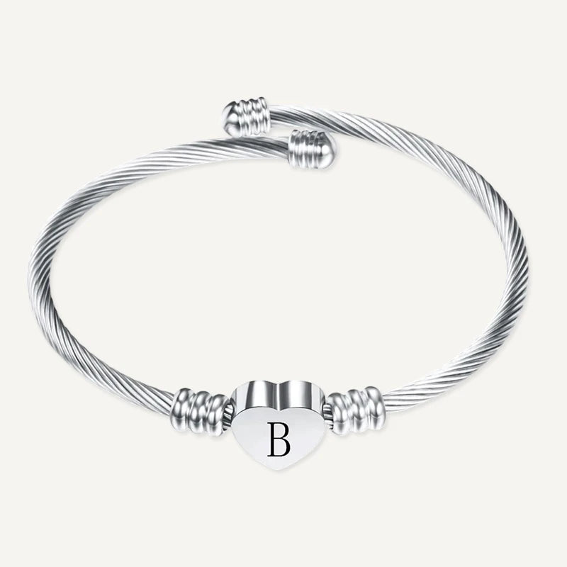Bracelet Câble Cœur Initiale Gravée Argent Lettre B