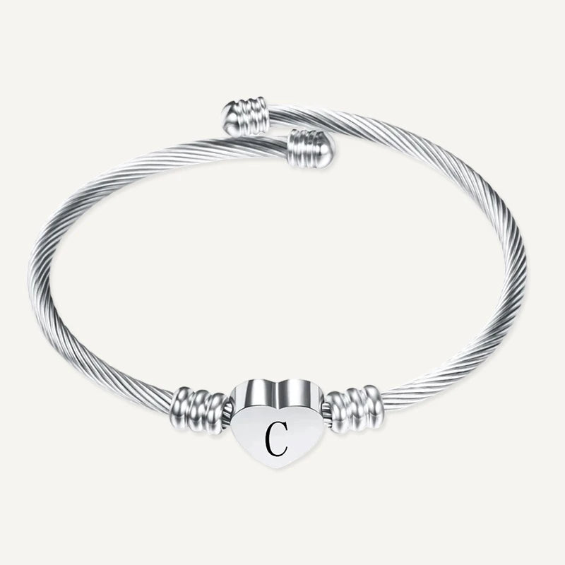 Bracelet Câble Cœur Initiale Gravée Argent Lettre C