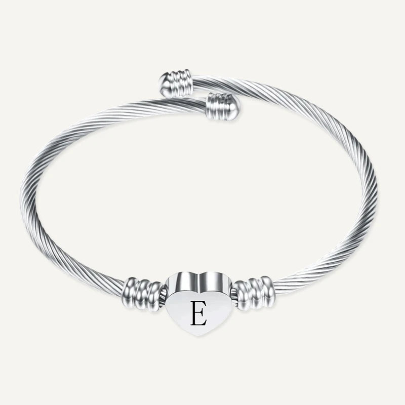 Bracelet Câble Cœur Initiale Gravée Argent Lettre E