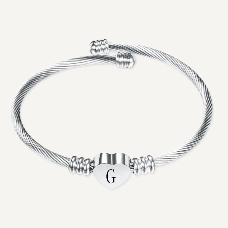 Bracelet Câble Cœur Initiale Gravée Argent Lettre G