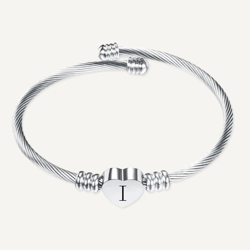 Bracelet Câble Cœur Initiale Gravée Argent Lettre I