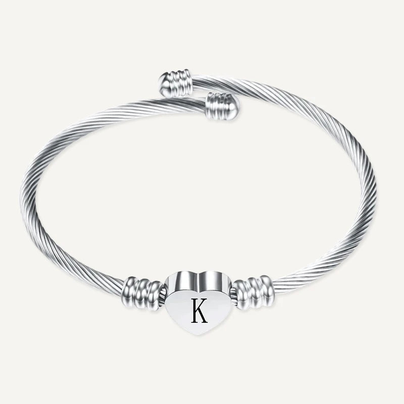 Bracelet Câble Cœur Initiale Gravée Argent Lettre K