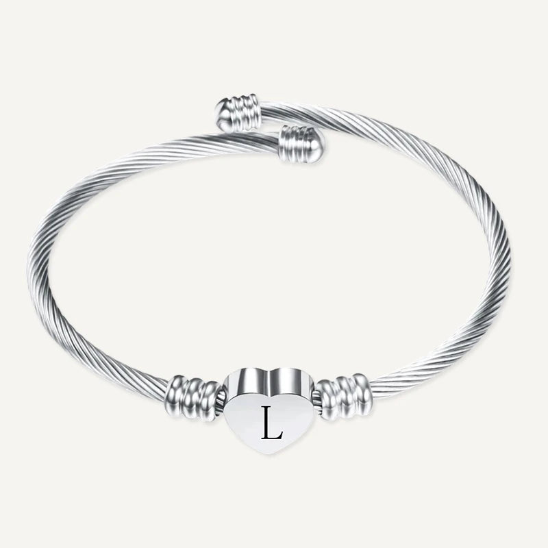 Bracelet Câble Cœur Initiale Gravée Argent Lettre L