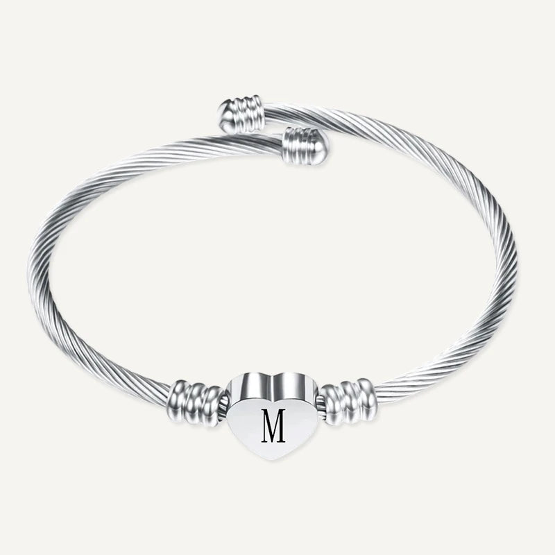 Bracelet Câble Cœur Initiale Gravée Argent Lettre M