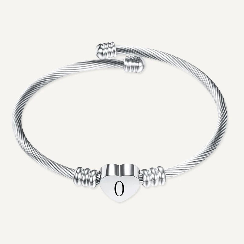 Bracelet Câble Cœur Initiale Gravée Argent Lettre O