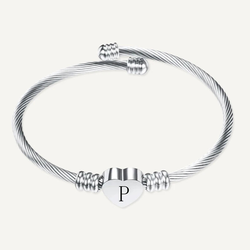 Bracelet Câble Cœur Initiale Gravée Argent Lettre P