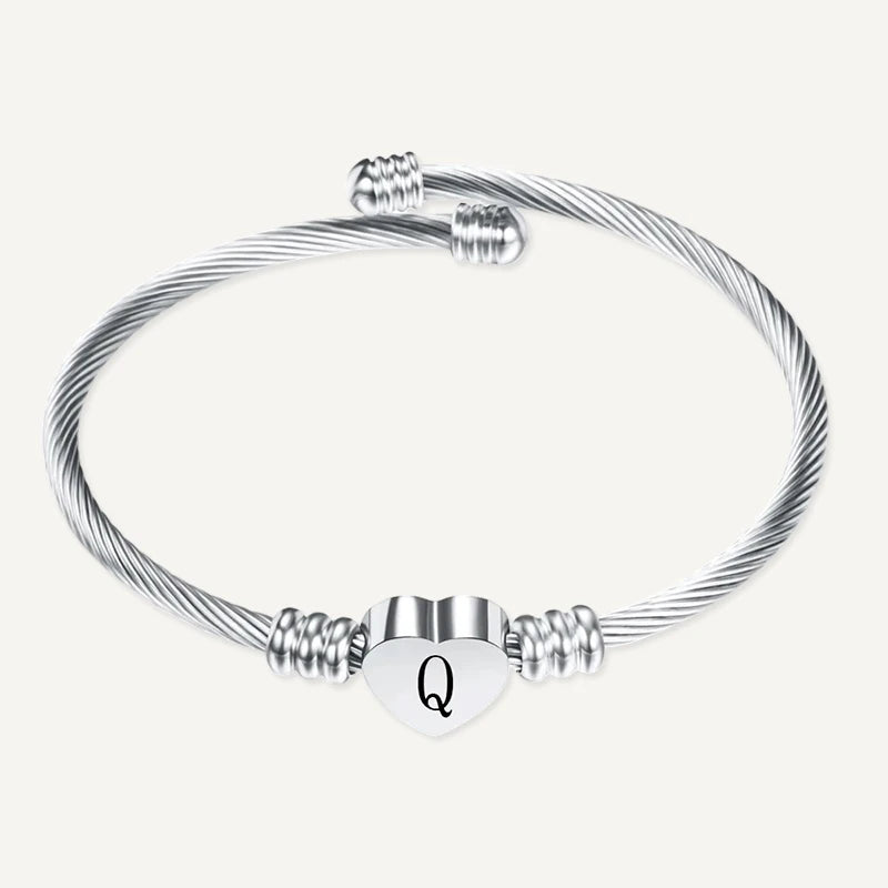 Bracelet Câble Cœur Initiale Gravée Argent Lettre Q