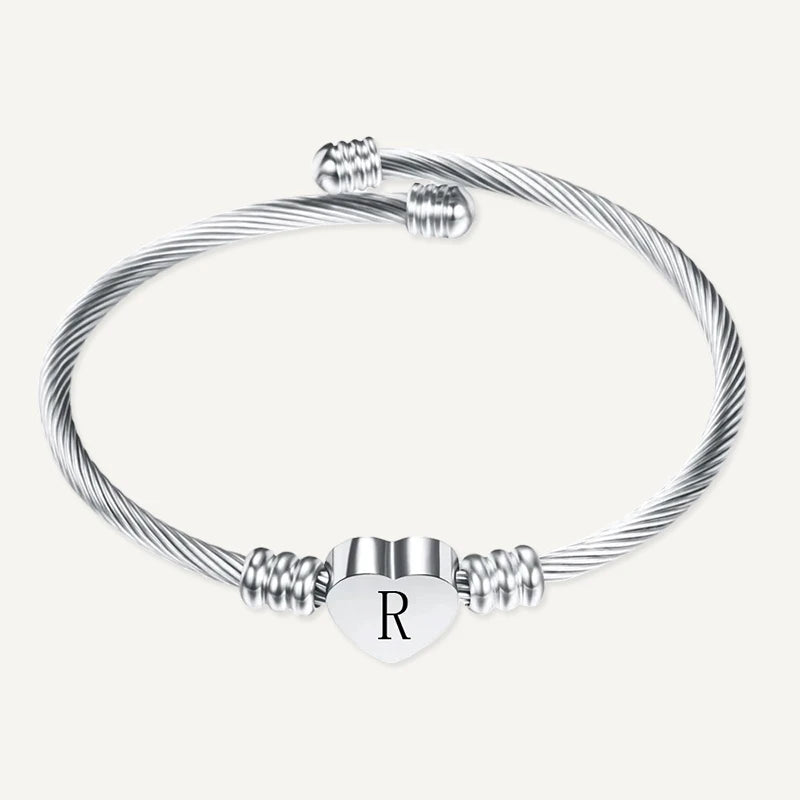 Bracelet Câble Cœur Initiale Gravée Argent Lettre R