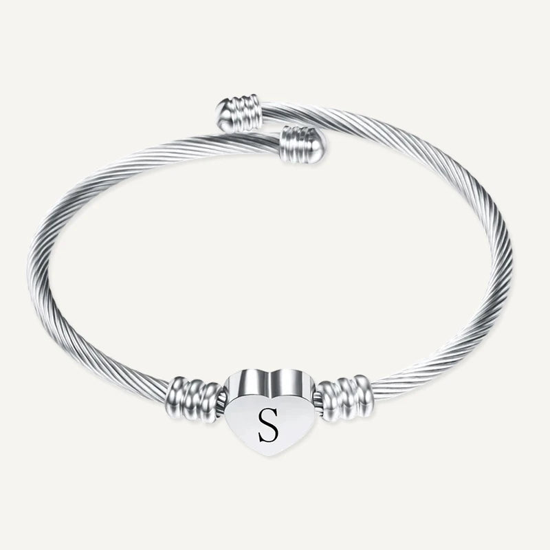 Bracelet Câble Cœur Initiale Gravée Argent Lettre S