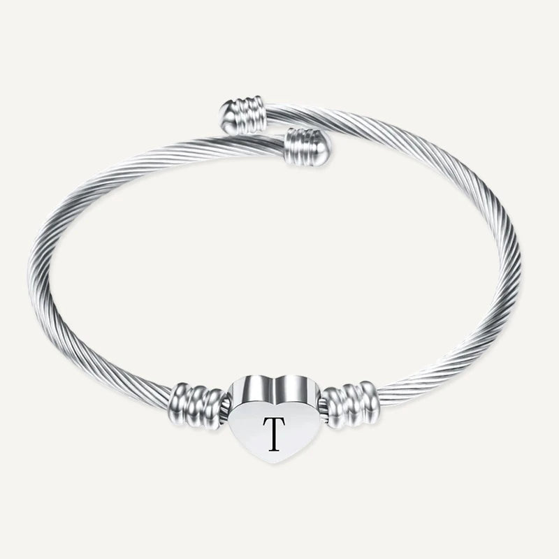Bracelet Câble Cœur Initiale Gravée Argent Lettre T