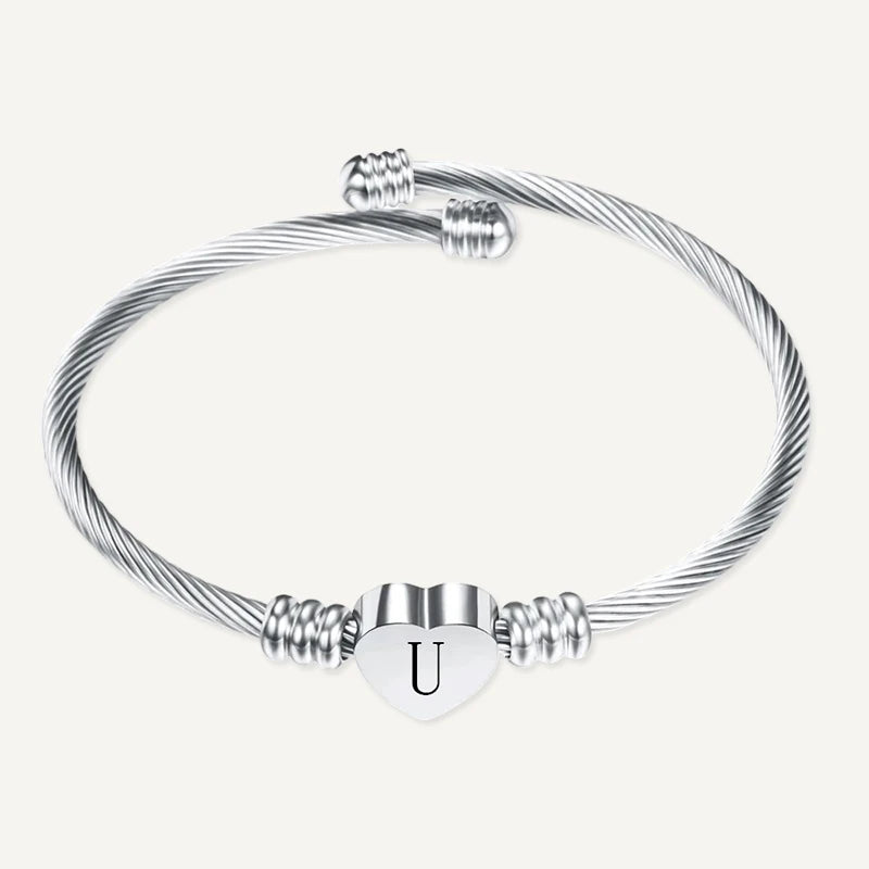 Bracelet Câble Cœur Initiale Gravée Argent Lettre U
