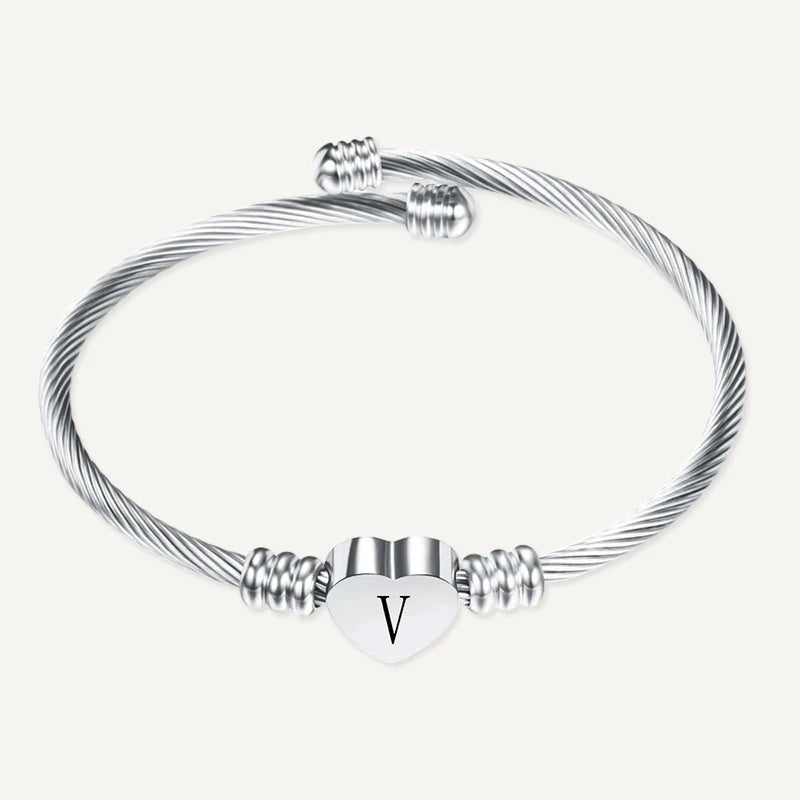 Bracelet Câble Cœur Initiale Gravée Argent Lettre V