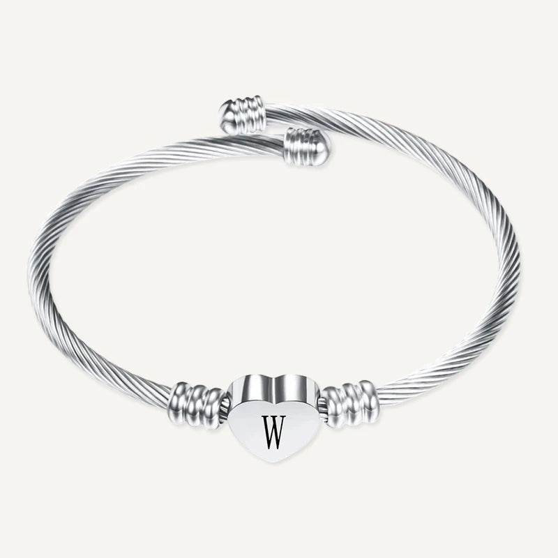 Bracelet Câble Cœur Initiale Gravée Argent Lettre W
