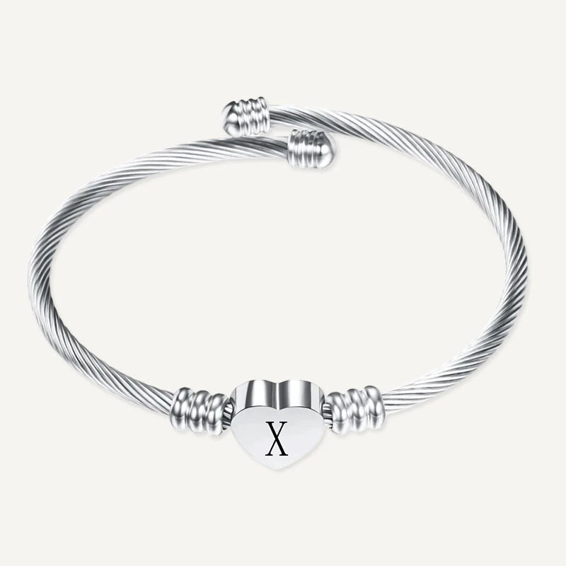 Bracelet Câble Cœur Initiale Gravée Argent Lettre X