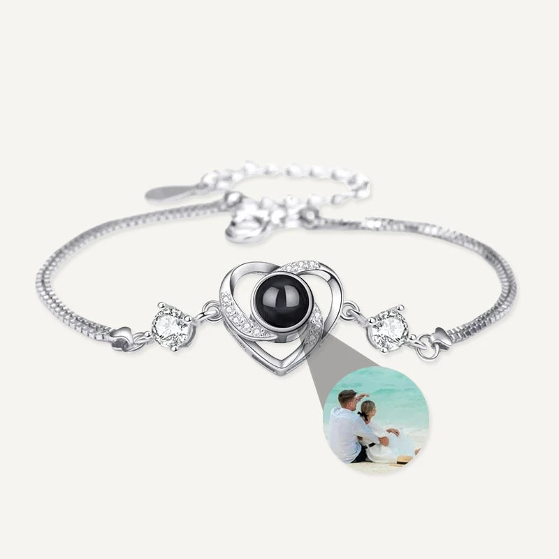Bracelet Cœur Diamants avec Projection Photo Personnalisée Argent