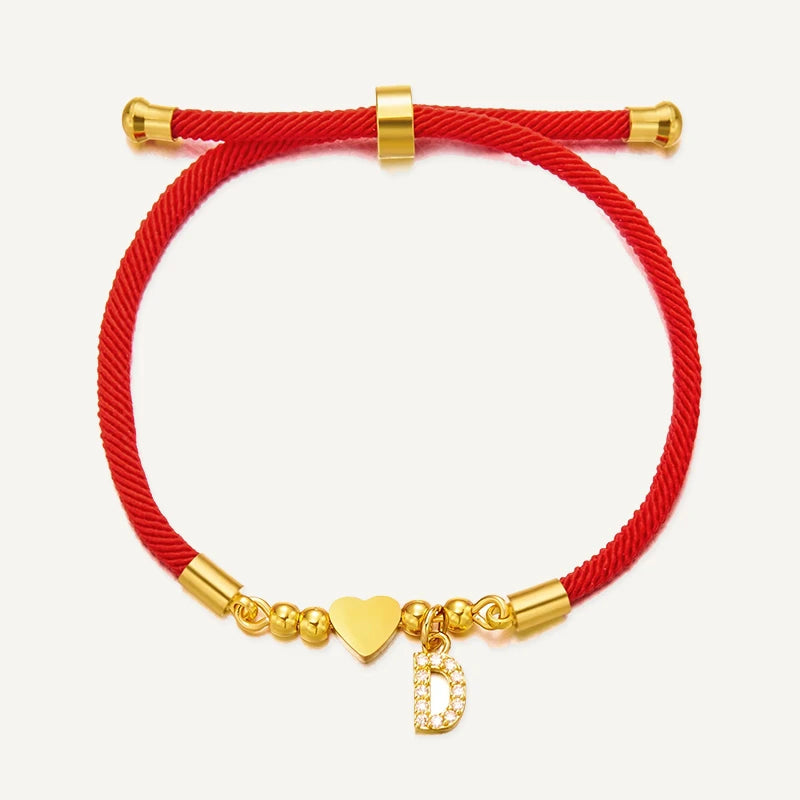 Bracelet Cordon Rouge Initiale Personnalisée et Cœur Doré Lettre D