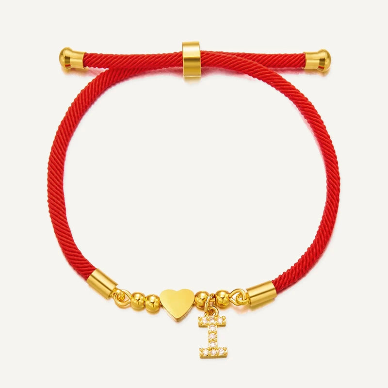 Bracelet Cordon Rouge Initiale Personnalisée et Cœur Doré Lettre I
