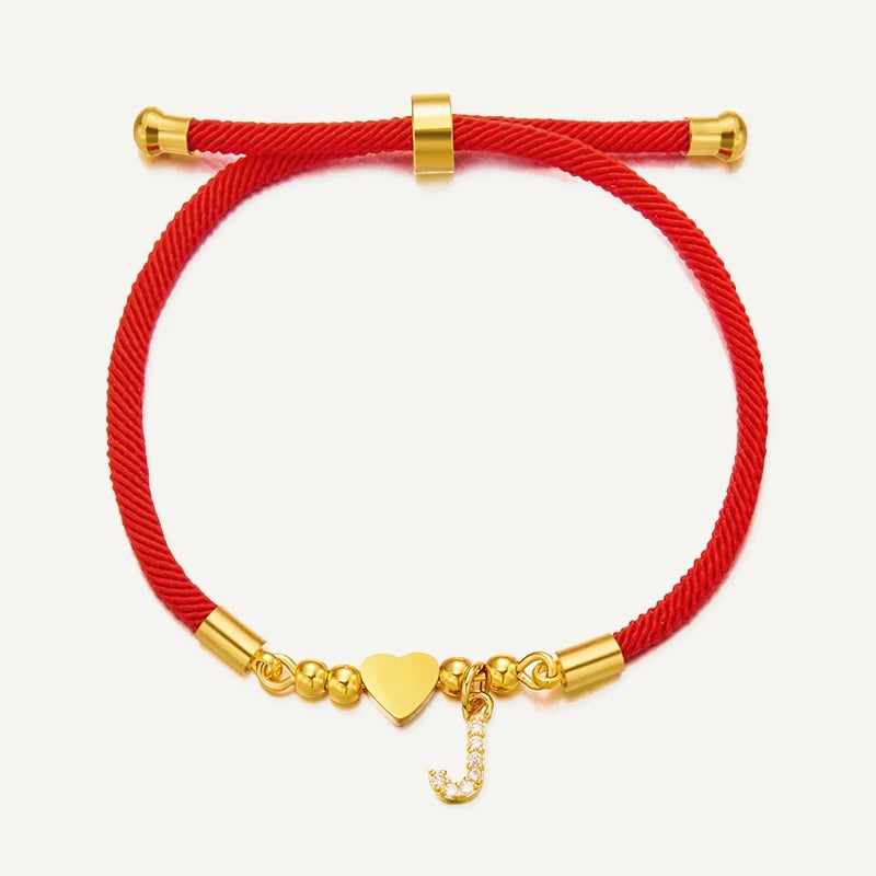 Bracelet Cordon Rouge Initiale Personnalisée et Cœur Doré Lettre J