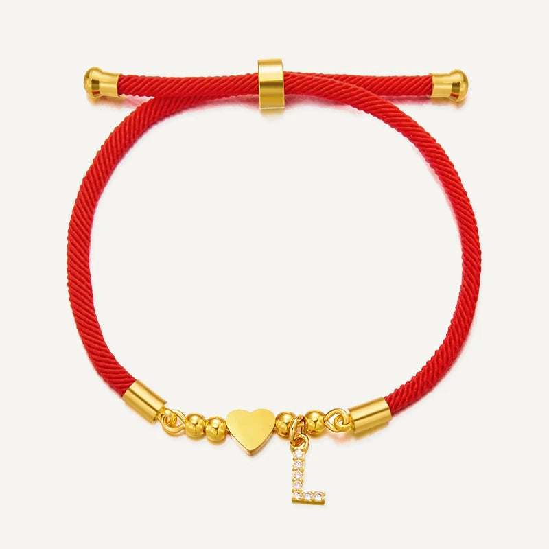 Bracelet Cordon Rouge Initiale Personnalisée et Cœur Doré Lettre L