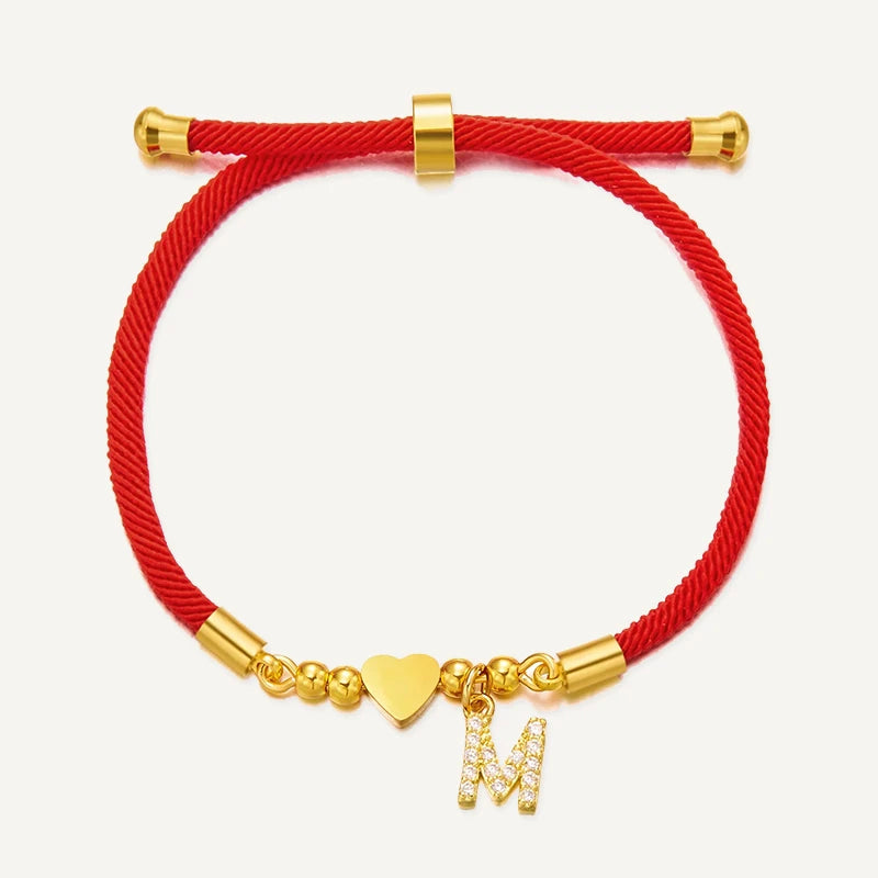 Bracelet Cordon Rouge Initiale Personnalisée et Cœur Doré Lettre M