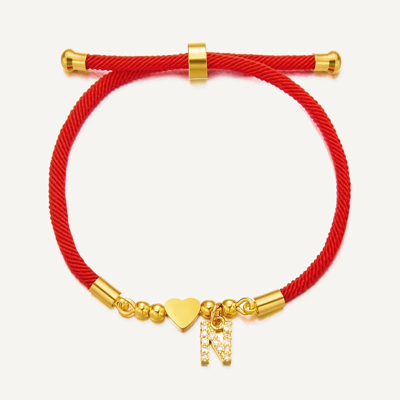 Bracelet Cordon Rouge Initiale Personnalisée et Cœur Doré Lettre N