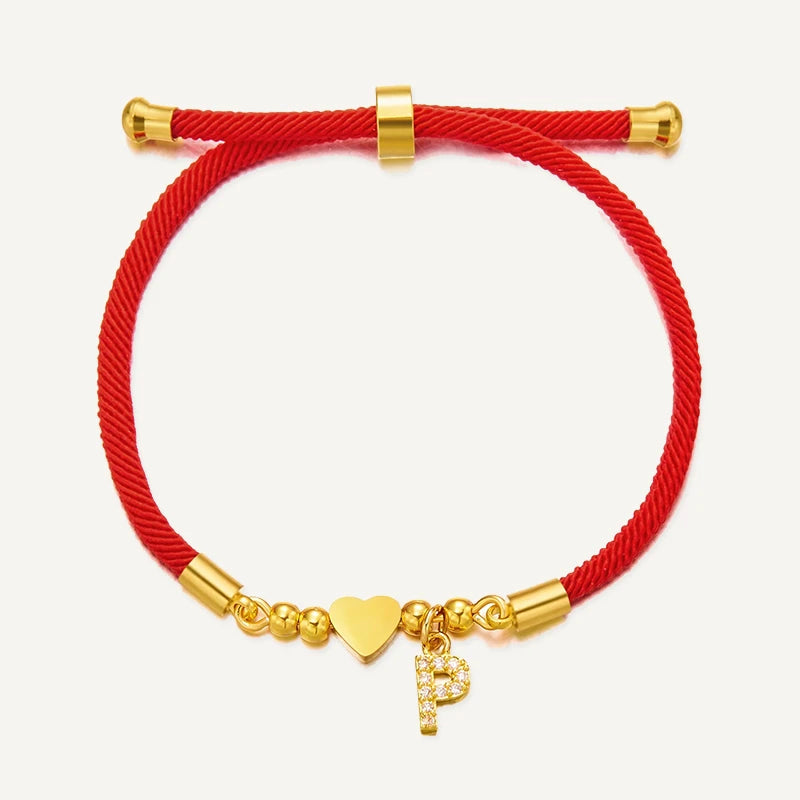 Bracelet Cordon Rouge Initiale Personnalisée et Cœur Doré Lettre P