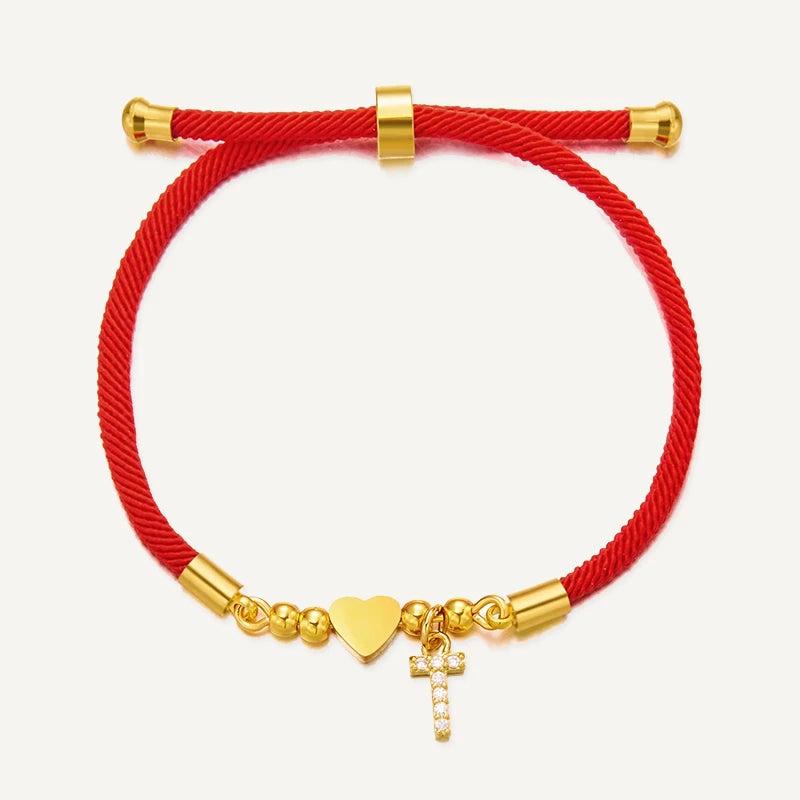 Bracelet Cordon Rouge Initiale Personnalisée et Cœur Doré Lettre T