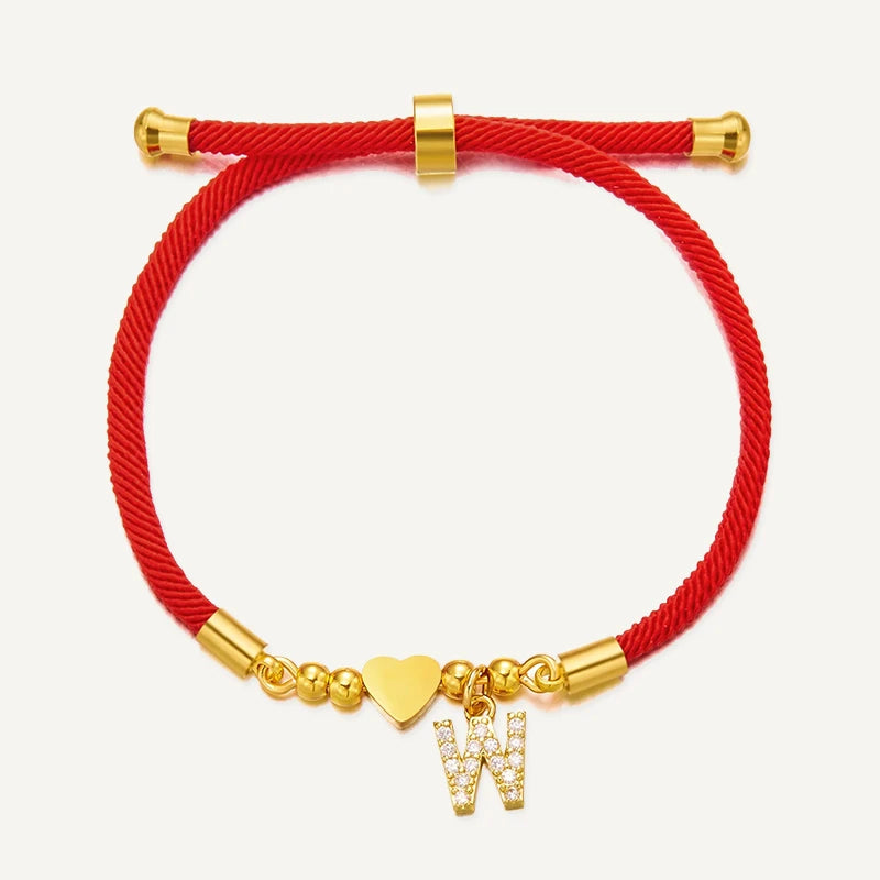 Bracelet Cordon Rouge Initiale Personnalisée et Cœur Doré Lettre W