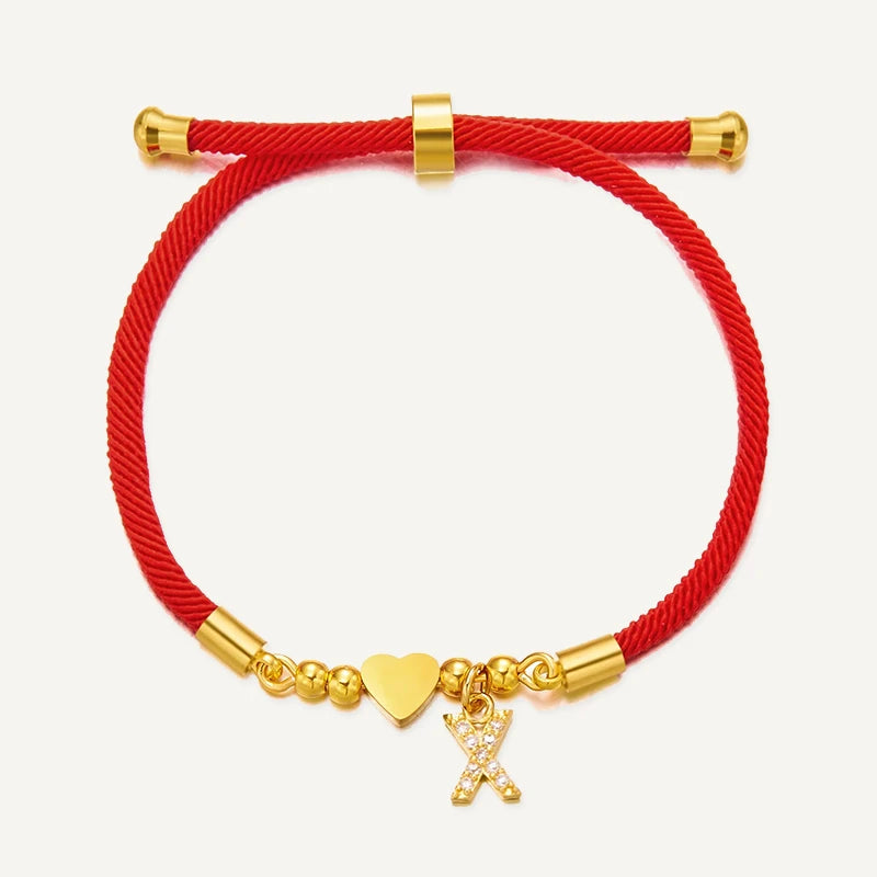 Bracelet Cordon Rouge Initiale Personnalisée et Cœur Doré Lettre X