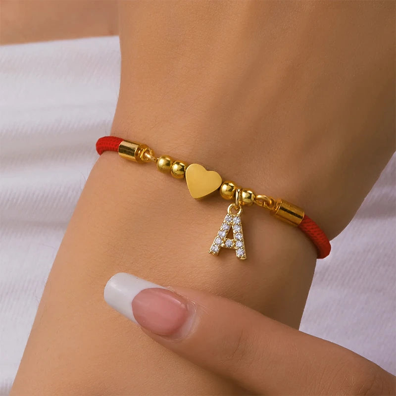 Bracelet Cordon Rouge Initiale Personnalisée et Cœur Doré