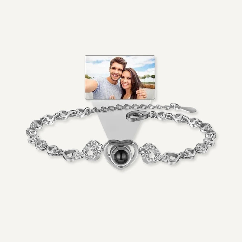 Bracelet Cœur Projection Photo Personnalisée Argent