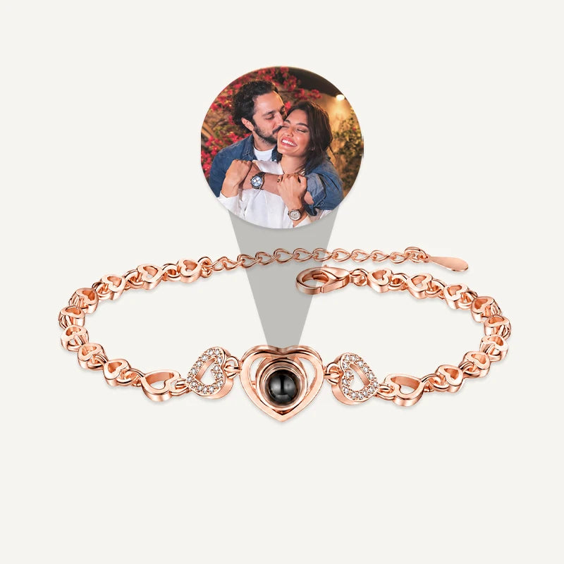 Bracelet Cœur Projection Photo Personnalisée Or Rose