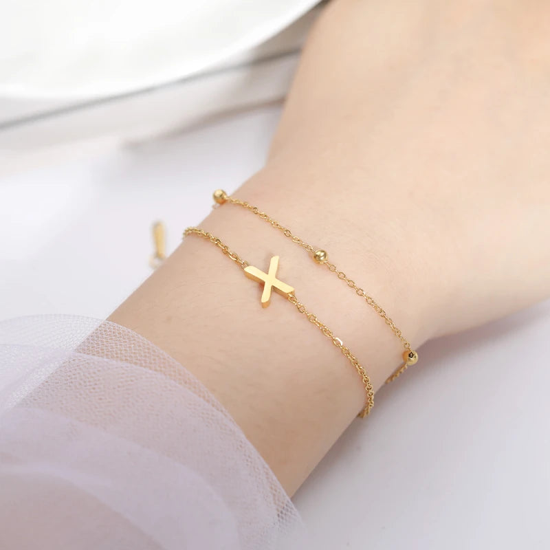 Bracelet Double Chaîne Initiale Or Lettre Femme