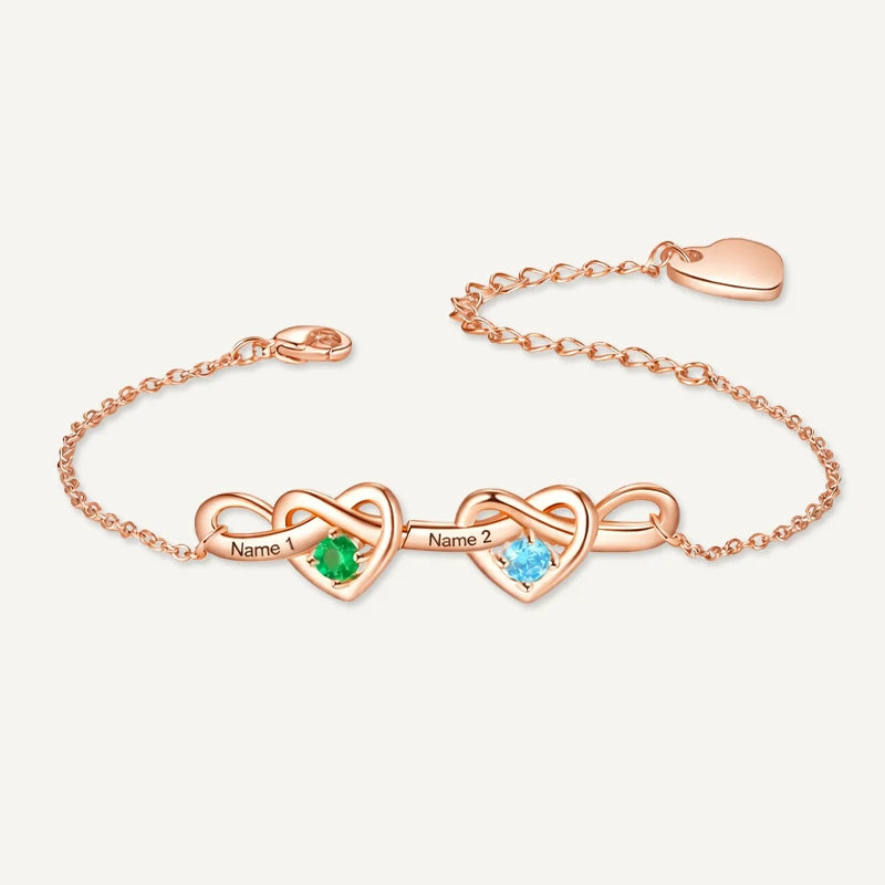 Bracelet Infini 2 Cœurs Prénoms avec Pierres de Naissance Or Rose