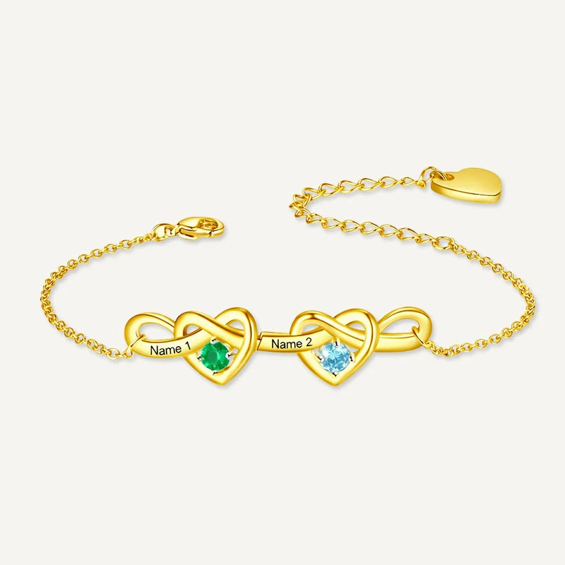Bracelet Infini 2 Cœurs Prénoms avec Pierres de Naissance Or