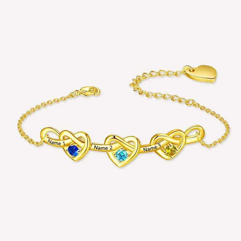 Bracelet Infini Cœurs Prénoms avec Pierres de Naissance Or