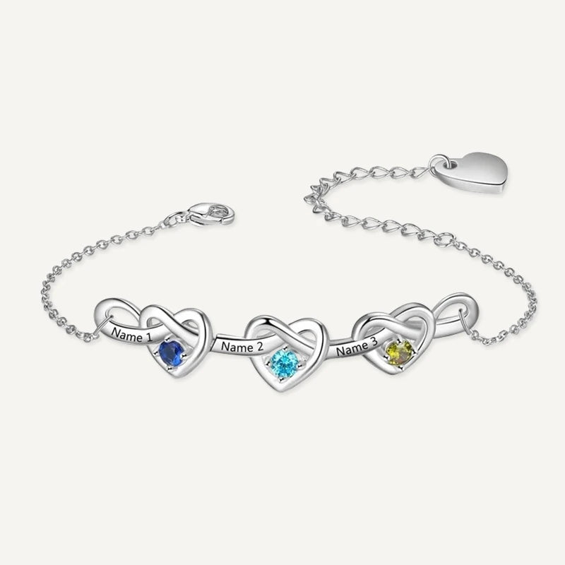 Bracelet Infini Cœurs 3 Prénoms avec Pierres de Naissance