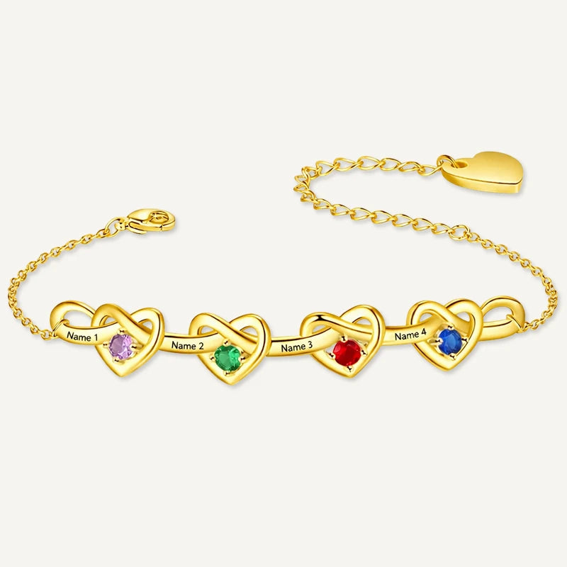 Bracelet Infini Cœurs 4 Prénoms avec Pierres de Naissance Or