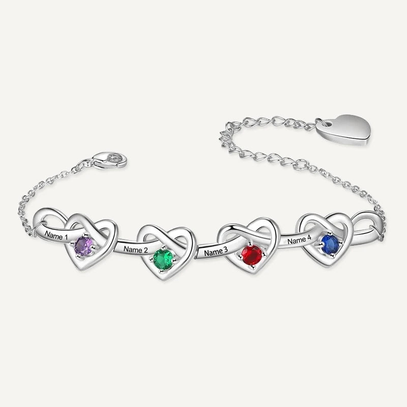 Bracelet Infini Cœurs 4 Prénoms avec Pierres de Naissance Argent
