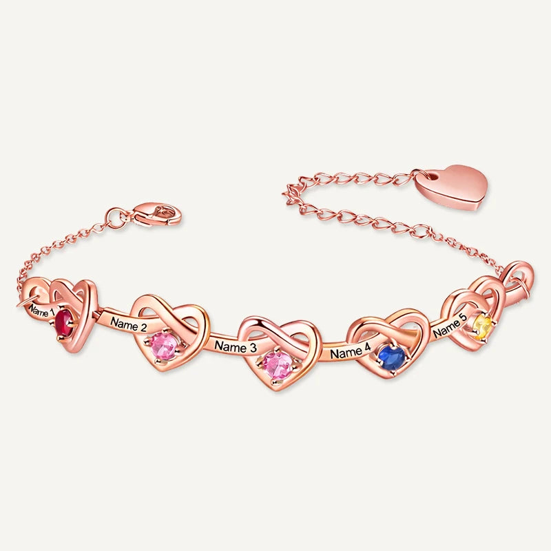 Bracelet Infini Cœurs 5 Prénoms avec Pierres de Naissance Or Rose