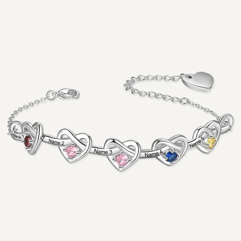 Bracelet Infini Cœurs 5 Prénoms avec Pierres de Naissance Argent