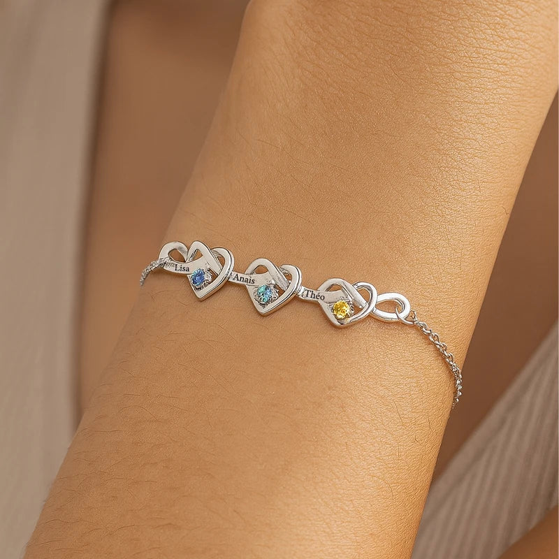 Bracelet Infini Cœurs Prénoms avec Pierres de Naissance Femme