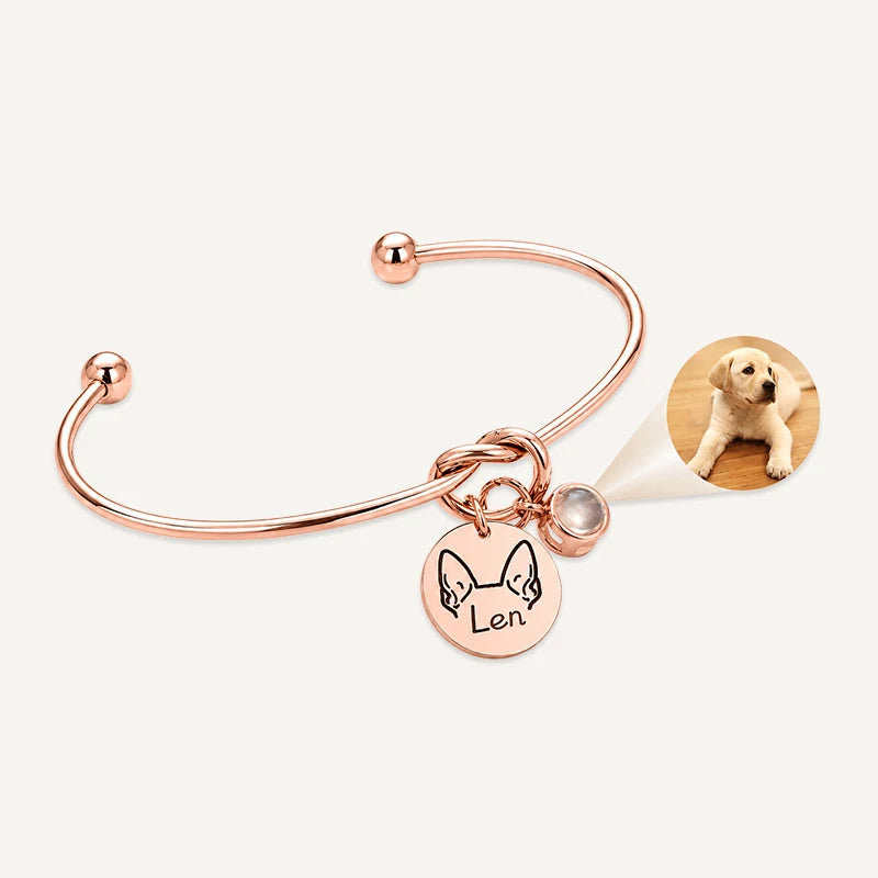 Bracelet Personnalisé Oreilles de Chiens, Prénom et Projection Photo Or Rose